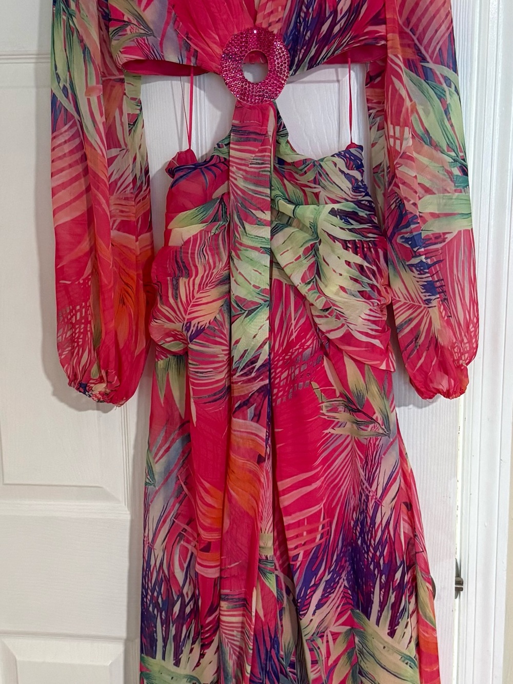 Fashion Nova Hot Pink Tropical Print Long Sleeve Tunic with Ring Detail